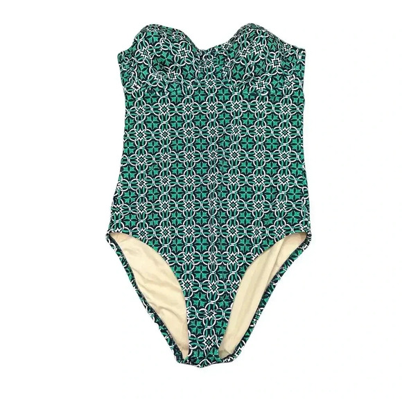 J.CREW Lattice Green & Blue Strapless Medallion Ruched One Piece Swimsuit Size 8 - Picture 1 of 6